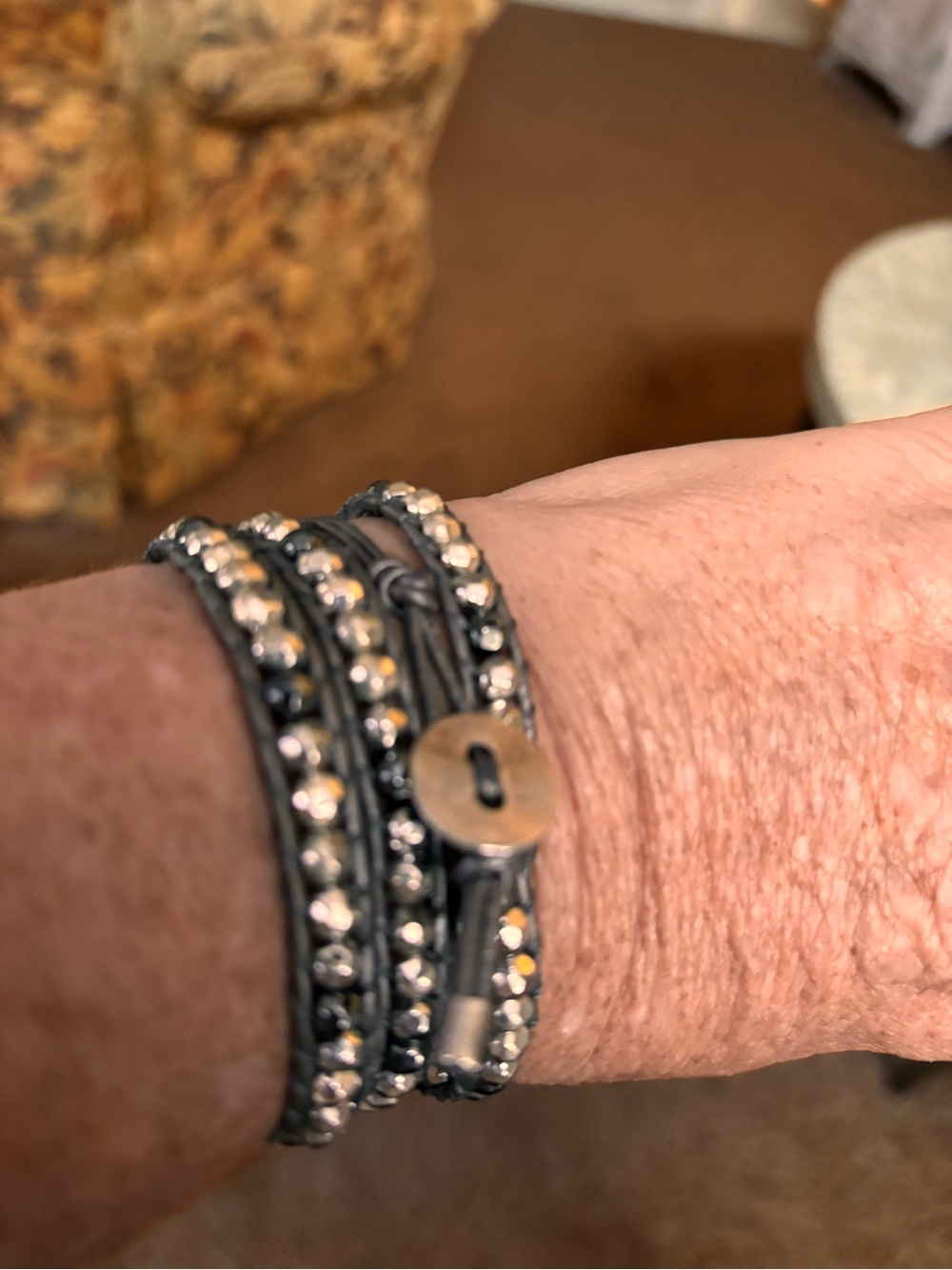 Three-Turn Black Leather Wrap Bracelet with Crystal Accents